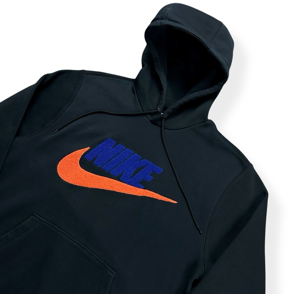 Nike Men's Club Fleece Pullover Hoodie Black Orange Size Medium Fuzzy Spell Out - Picture 3 of 16